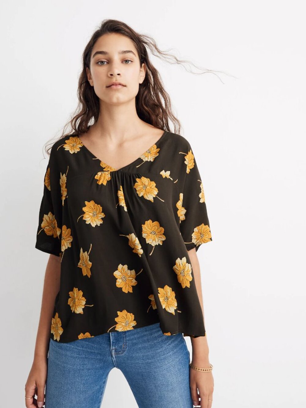 MADEWELL Rhyme Top in Fall Flowers Olive Green/Yellow Print Women's XS